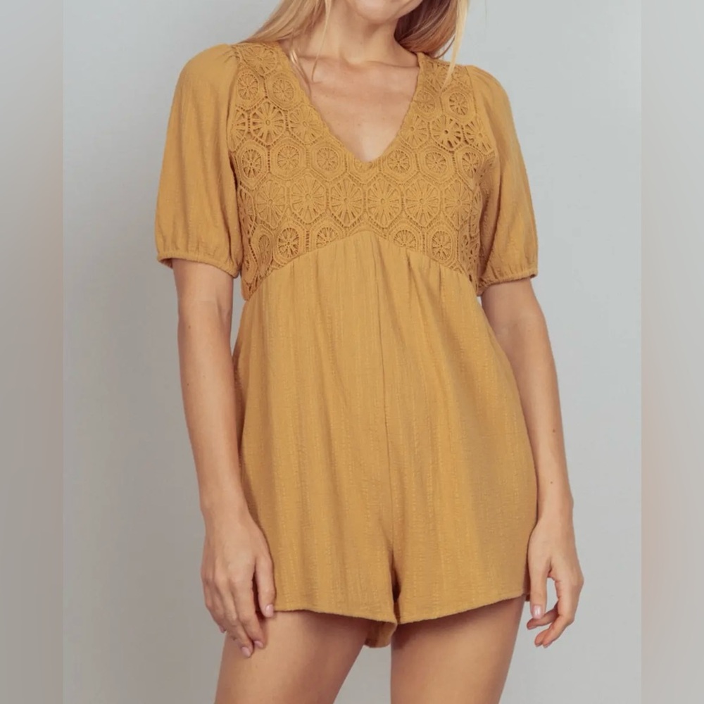 Camel color lace detail romper